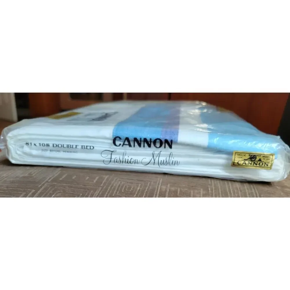 Cannon Fashion Muslin Double Bed Flat Sheet Blue Stripe 81 x 108 NEW USA 1970s